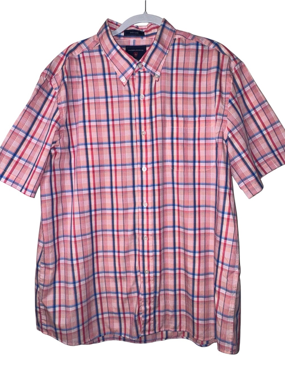 Saddlebred Men’s Pink and Blue Plaid Short-Sleeve Button-Down Shirt